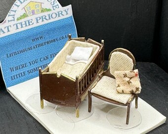 Dolls House Miniatures - Hand Made Cot and Nursing Chair (1/48th / 1:48 / Quarter Scale )