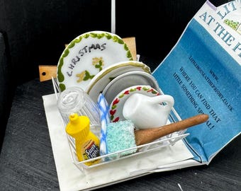 Dolls House Miniatures - 1/12th Christmas Draining Rack with Washing up