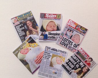 Dolls House Miniatures - 1/12th  6 x UK Newpapers - Set C - Royal Baby Princess Charlotte