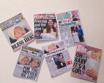 Dolls House Miniatures -  6 x UK Newpapers - Set A - Royal Baby Princess Charlotte  1/12th