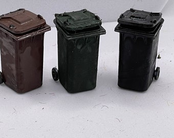 Dolls House Miniatures ( 1/48th - 1:48th - 1/4" - Quarter Inch Scale )  Hand Made  - s/3 wheelie bins