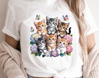 Retro Animal T-Shirt, Retro Kitten Sweatshirt, 90s Vintage Cute Cats Pullover, Boho Unisex Floral Cat Butterfly Graphic Crewneck