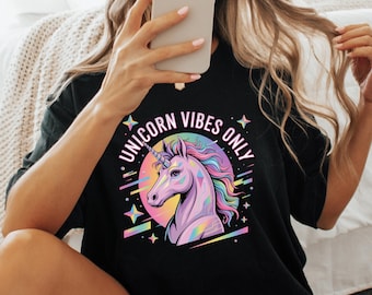 Unicorn Vibes Only T-Shirt, Y2K Chrome Unicorn Tee, Pastel Aesthetic Shirt, Gen Z Gift 2025, Holographic Streetwear