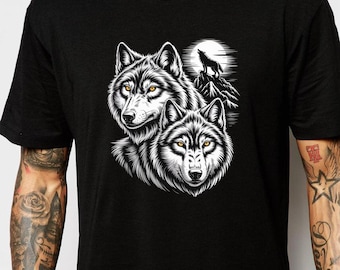 Maglietta con disegno di lupo, maglietta con animali in una foresta illuminata dalla luna, maglietta vintage con animali selvatici, regalo in stile rustico per gli amanti della natura