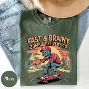 Zombie Pizza Delivery Shirt, Funny Halloween Tee, &quot;Fast & Brainy&quot; Print, Undead Courier Shirt, Retro Horror Style T-Shirt,  Halloween Gift