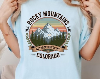 Camiseta vintage de las Montañas Rocosas de Colorado, camiseta gráfica de exploración al aire libre, camiseta de senderismo de montaña de los 90