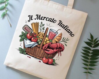 Borsa tote del mercato italiano: design vintage di cibo mediterraneo