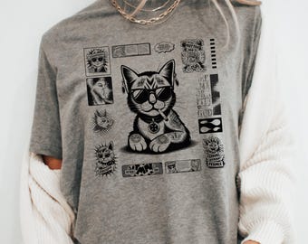 T-shirt collage tatouage chat vintage des années 90, t-shirt graphique rétro chat noir et blanc, chemise de Style grunge pour les amoureux des chats