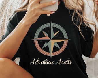 Adventure Awaits T-Shirt, Geometric Compass Mountain Tee, Outdoor Hiking Shirt, Travel Gift 2025, Wanderlust Nature Lover