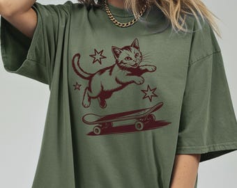 Camiseta de gato patinando estilo vintage, camiseta gráfica retro de gato patinador, camiseta divertida de gato, diseño animal urbano