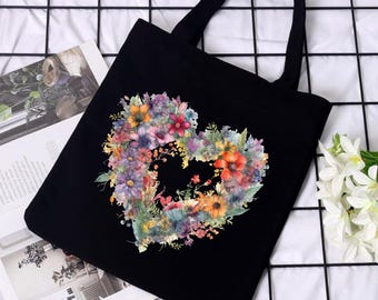 Schwarze Einkaufstasche aus Canvas: Umweltfreundliche Einkaufstasche mit Blumenherz