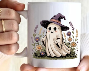 Bonita taza de café fantasma estilo cottagecore, tazas de brujas espeluznantes para amantes de los fantasmas, taza de regalo de Halloween, tazas de otoño, taza de cerámica de 325/400 ml
