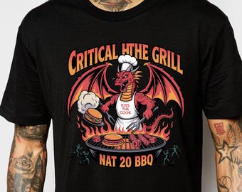 Critical Hit the Grill D20 BBQ Dragon T-Shirt, Funny DND Dungeon Master Shirt, Dungeons and Dragons Gift