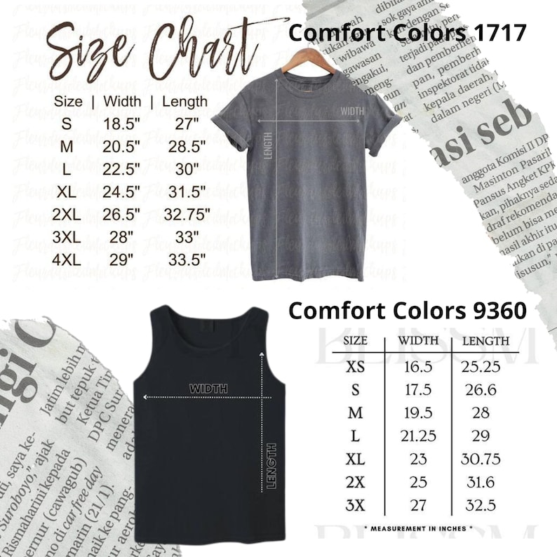 May include: A size chart for Comfort Colors clothing, showing a grey t-shirt and a black vest. Measurements are in inches, with sizes from XS to 4XL. The chart includes the text "Comfort Colors 1717" and "Comfort Colors 9360". Measurements are provided in inches.