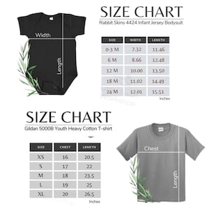 May include: A black baby bodysuit and a grey youth t-shirt are displayed with size charts. The charts provide measurements in inches for the Rabbit Skins bodysuit and Gildan t-shirt, including chest, width, and length.