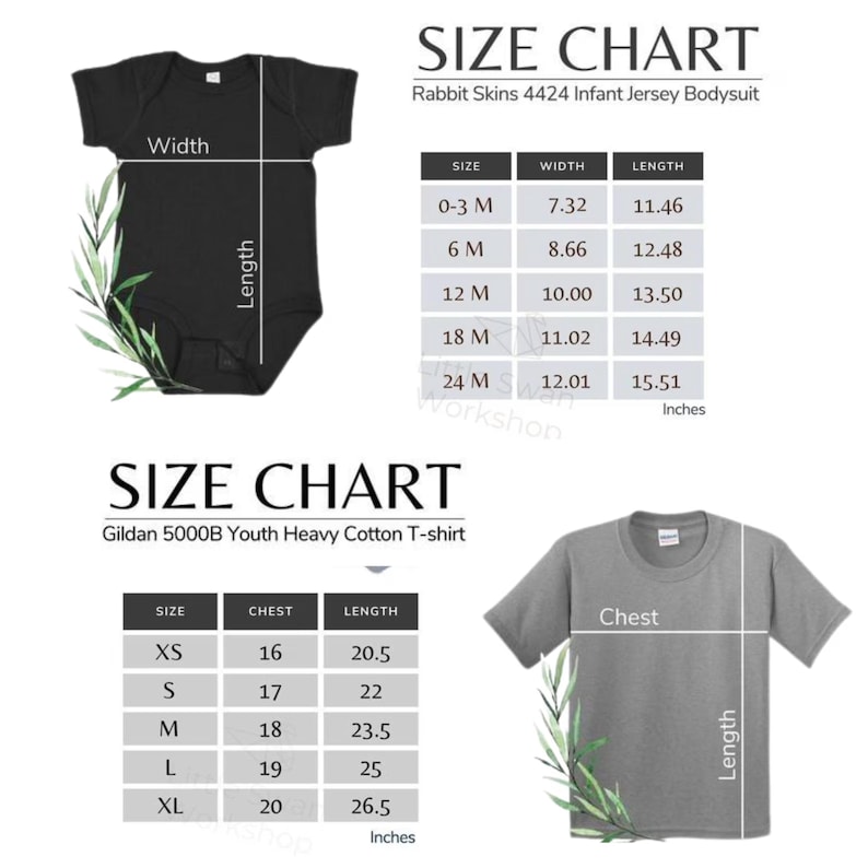 May include: A black baby bodysuit and a grey youth t-shirt are displayed with size charts. The charts provide measurements in inches for the Rabbit Skins bodysuit and Gildan t-shirt, including chest, width, and length.