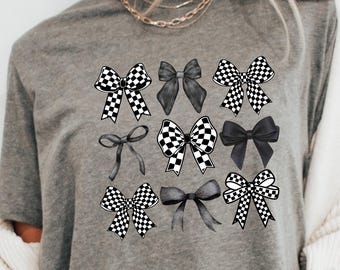 Black Bow Comfort Colors Shirt: Checkered Coquette Tee