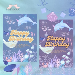 Modèle de carte d'anniversaire sous la mer - Carte imprimable sur le thème de l'océan, téléchargement immédiat, imprimable sur toile en deux couleurs