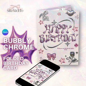 Modelo de cartão de aniversário Y2K – Cartão dobrável em cromo borbulhante, editável pelo Canva, download instantâneo, cartão de aniversário legal para impressão