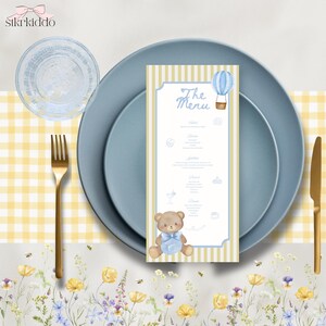 Szablon specjalnego menu Beary, specjalne menu na baby shower do wydrukowania Beary, edytowalne menu, menu na baby shower do wydrukowania