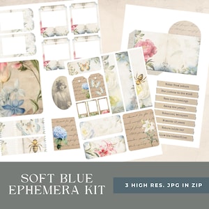 Kit digitale di effimeri vintage blu tenue - Stampabili romantici per diario con elementi botanici, api e farfalle