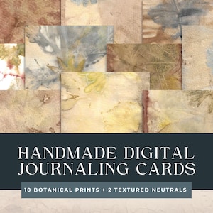 Schede di journaling digitale fatte a mano – 10 stampe ecologiche botaniche + 2 texture di carta per acquerello neutre – Effimere vintage della natura stampabili