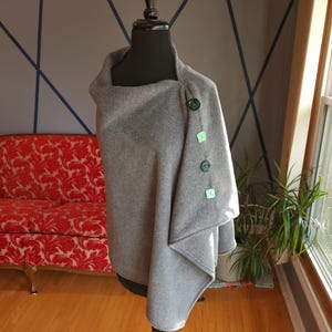 Asymmetrical Fleece Poncho Shawl with Green Buttons