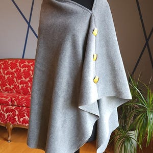 Asymmetrical Fleece Poncho Shawl with Vintage Gold Buttons