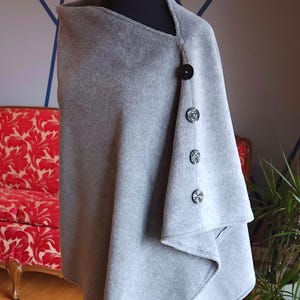 Asymmetrical Fleece Poncho Shawl with Black Buttons