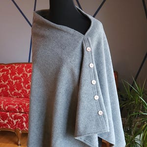 Asymmetrical Fleece Poncho Shawl with Pink Buttons