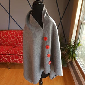 Asymmetrical Fleece Poncho Shawl with Red Buttons