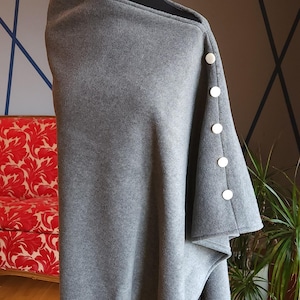 Asymmetrical Fleece Poncho Shawl with White Buttons