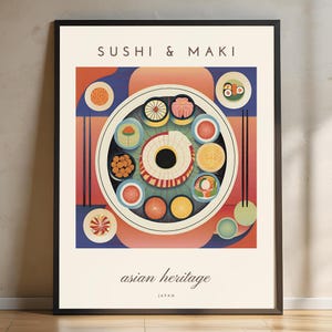 Sushi & Maki Wall Art – Japanese Cuisine Print, Asian Heritage Digital Download, Japanese Food, Minimalist Kitchen Decor, Japan Wall Art