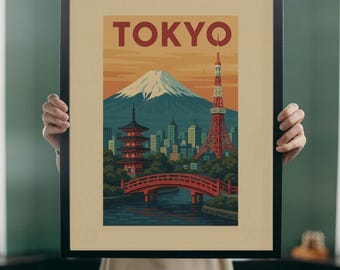 Poster di viaggio di Tokyo, Giappone, arte digitale da parete, stampa del Monte Fuji con la Torre e il Ponte di Tokyo, paesaggio urbano giapponese retrò, decorazione da scaricare immediatamente