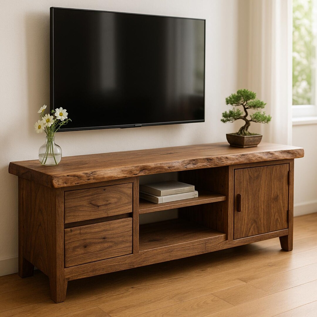 Rustic Walnut Live Edge TV Console: Handcrafted Solid Wood Media Stand ...