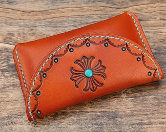 Tarjetero de piel hecho a mano para mujer: cartera minimalista pequeña con relieve occidental, piel de curtido vegetal, cosida a mano, LSCXKB