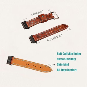 May include: Brown leather watch bands with decorative floral patterns and turquoise accents. One band measures 4.1 inches (10.5cm) long, the other is 2.6 inches (6.5cm). Features include soft calfskin lining, sweat-friendly, skin-kind, and all-day comfort.