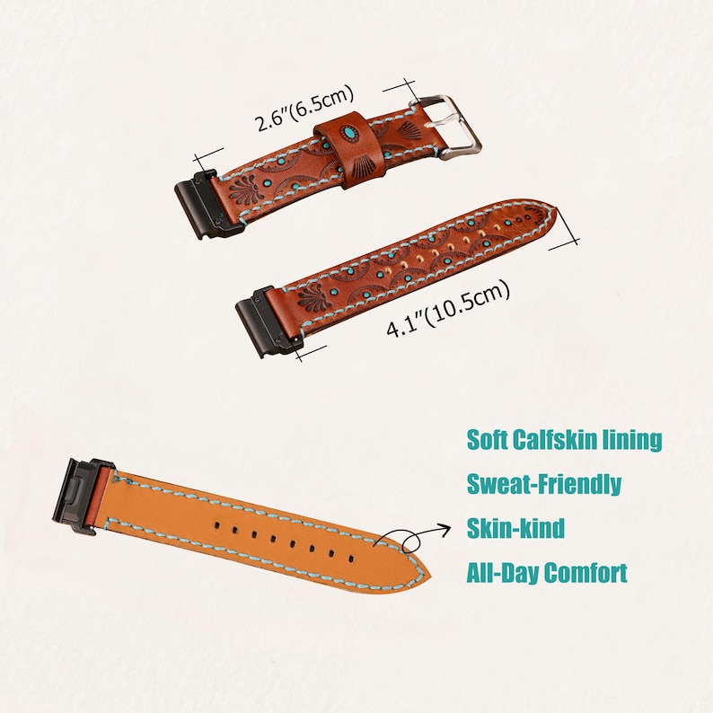 May include: Brown leather watch bands with decorative floral patterns and turquoise accents. One band measures 4.1 inches (10.5cm) long, the other is 2.6 inches (6.5cm). Features include soft calfskin lining, sweat-friendly, skin-kind, and all-day comfort.