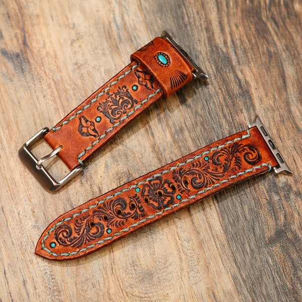 Engraved Watch Band Compatible with Apple Watch in Tan Veg-Tan Leather, Hand-Stitched Saddle Stitch, Western Scrollwork