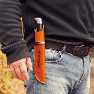 Leather Knife Sheath for Buck 119 120 | Full Grain Veg Tan | Hand Stitched 1mm Wax Thread | Belt Loop | Personalized Name