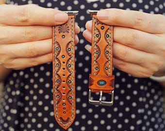 Correa de cuero para Apple Watch, estilo bohemio con diseño floral para mujer, piel de vaca cosida a mano, compatible con modelos de 38-41 / 42-49 mm