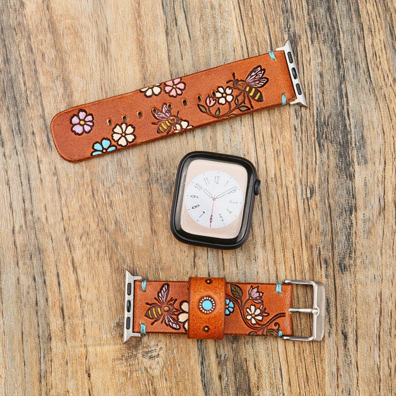 Rustic Apple Watch Handmade Leather Bee Floral Apple Watch Band, Rustic Nature Iwatch ...