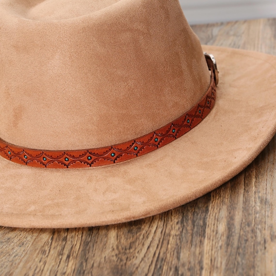 Hand Tooled Leather Hat Band, Full Grain Western Cowboy Hat Band, Rustic Brown Tooled Leather Hat Accessory, Handmade Ranch Style Hat Band