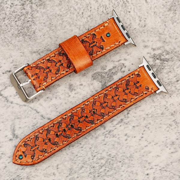 Armor-Inspired Leather Apple Watch Band, Western Vintage Tooling, Compatible with Apple Watch 38–49mm