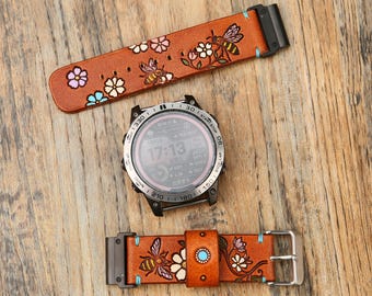 Bee Floral Leather Watch Band Compatible with Garmin Fenix 8 7 6, 22mm QuickFit, Gift for Her  BFHGNS
