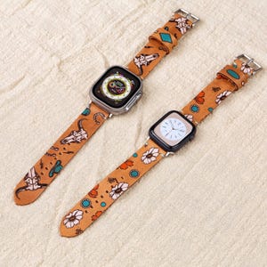 Western Floral Leather Apple Watch Band for Women, Handmade & Hand-Painted Boho Cowgirl Strap, Vegetable Tanned Leather