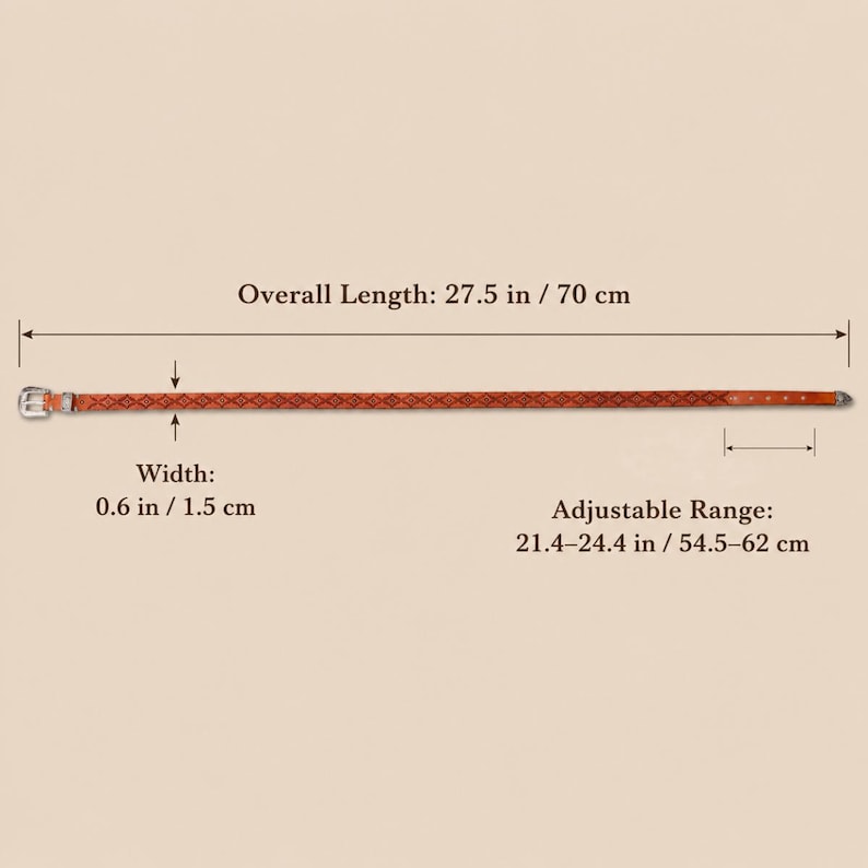 May include: A thin brown belt with a repeating diamond pattern, a silver-toned metal buckle, and a silver-toned tip. The belt has an overall length of 27.5 inches, a width of 0.6 inches, and an adjustable range of 21.4 to 24.4 inches.