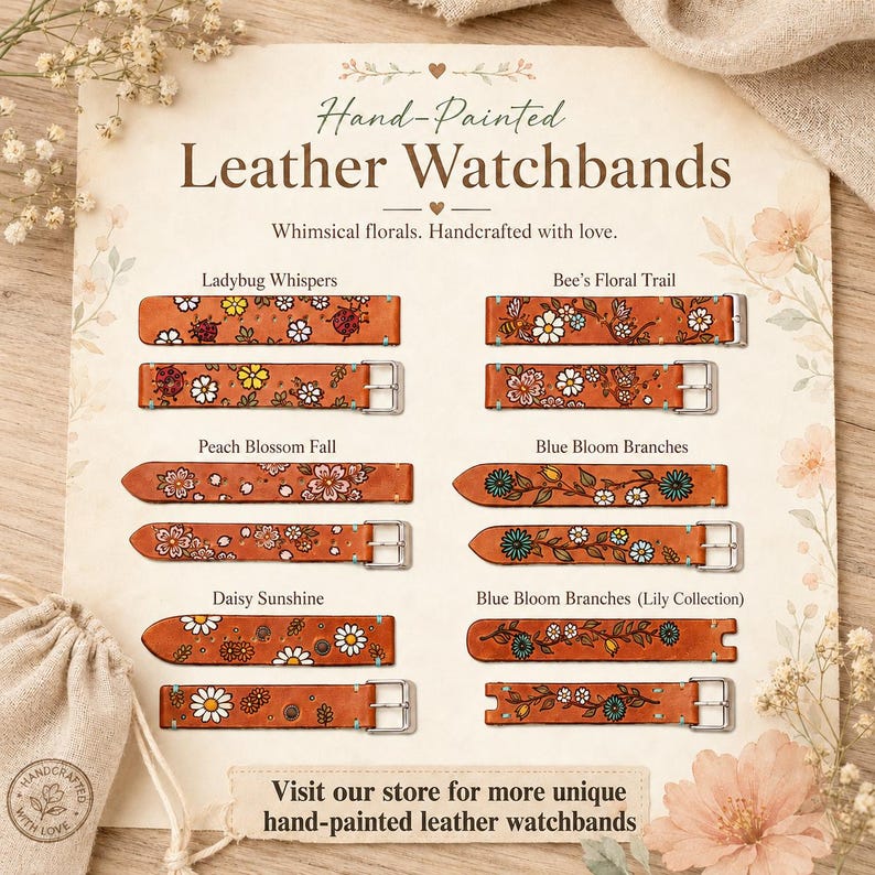 May include: Hand-painted leather watchbands with floral designs. The watchbands are brown with various floral patterns, including ladybugs, bees, daisies, and blossoms. Each watchband has a silver buckle. The text on the image says "Hand-Painted Leather Watchbands".
