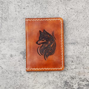 Handmade Leather Wallet: Tribal Wolf Design, Rustic Card Holder