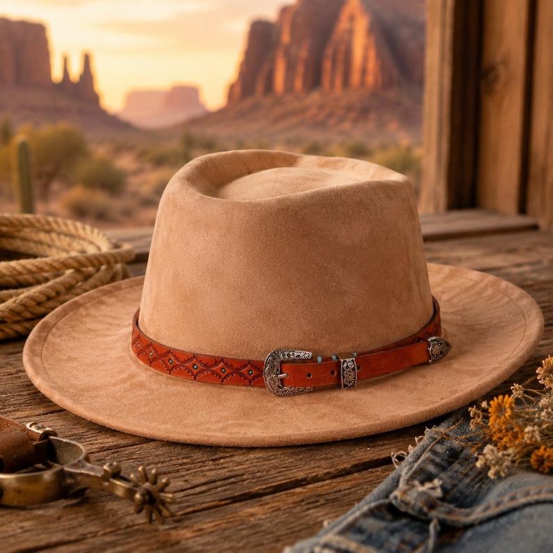 May include: A tan felt fedora hat featuring a wide brim and a crown with a center dent. The hat is accented by a thin, burnt orange leather band decorated with a repeating geometric pattern and a silver-toned metal buckle with intricate engravings.
